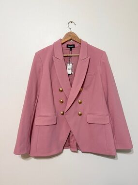 NEW Express Pink Double Breasted Gold Button Blazer Size 14 Jacket NWT Stretch